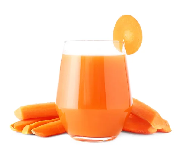 Glas Färsk Morotsjuice Och Morotsskivor Vit Bakgrund — Stockfoto