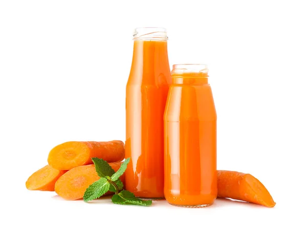 Bottles Fresh Carrot Juice White Background — Stock Photo, Image