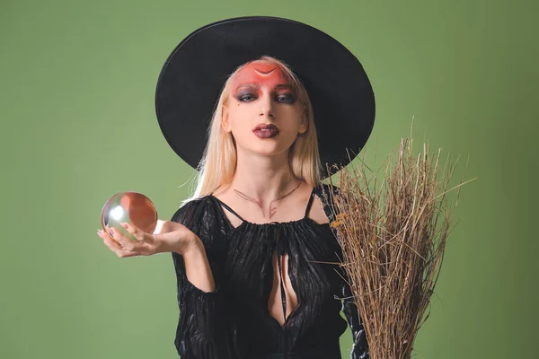 Evil Young Witch Crystal Ball Color Background — Stock Photo, Image