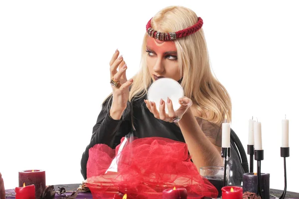 Fortune Teller Met Kristallen Bol Lezen Toekomst Witte Achtergrond — Stockfoto