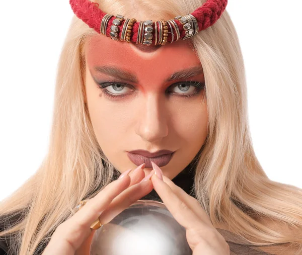 Fortune Teller Con Sfera Cristallo Sfondo Bianco — Foto Stock