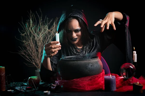 Evil Young Witch Performing Ritual Dark Background — Stock Photo, Image