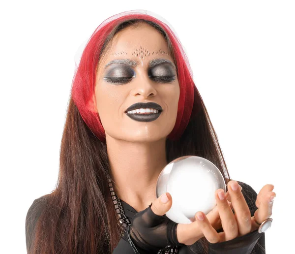 Fortune Teller Con Sfera Cristallo Sfondo Bianco — Foto Stock