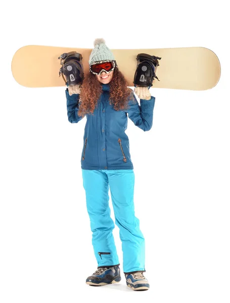 Vrouwelijke Snowboarder Witte Achtergrond — Stockfoto