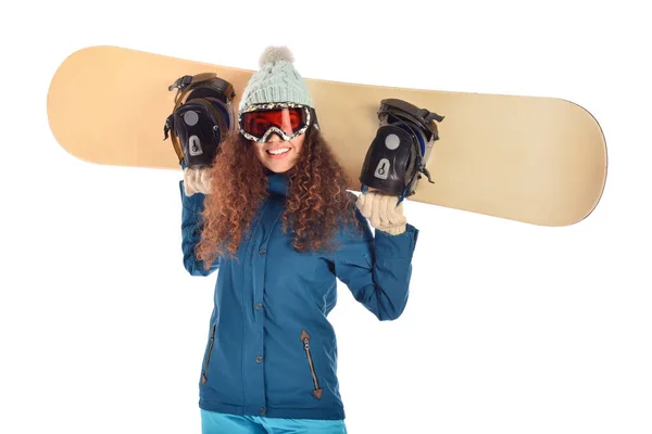 Snowboarder Feminino Fundo Branco — Fotografia de Stock