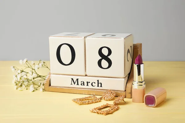 Kalender Blommor Och Accessoarer Bordet Internationella Kvinnodagen Firas — Stockfoto