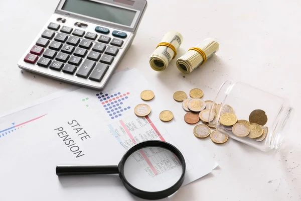 Money Document Magnifier Calculator White Background Concept Pension — Stock Photo, Image