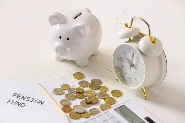 Piggy Bank Coins Alarm Clock Calculator White Background Concept Pension — Stock Photo, Image