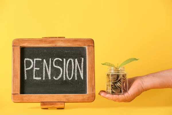 Hand Senior Woman Savings Young Plant Jar Chalkboard Word Pension — Stock Photo, Image