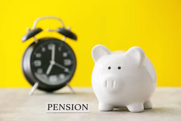 Piggy Bank Savings Alarm Clock Table Concept Pension — Stock Photo, Image