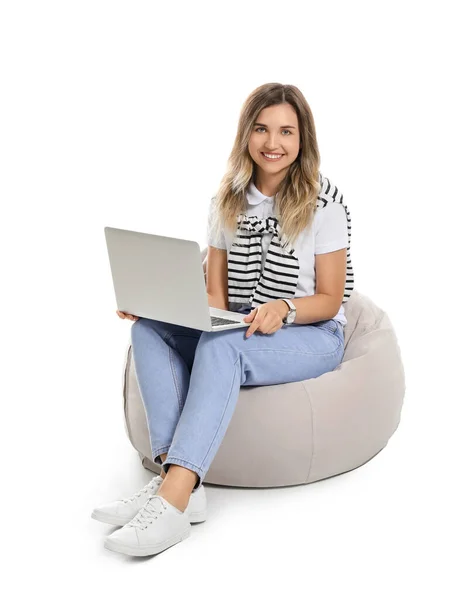 Young Woman Laptop White Background — Stock Photo, Image
