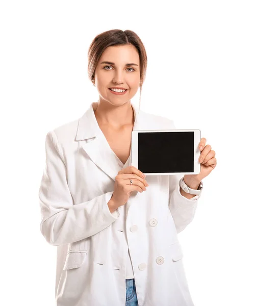 Young Woman Tablet Computer White Background — Stock Photo, Image