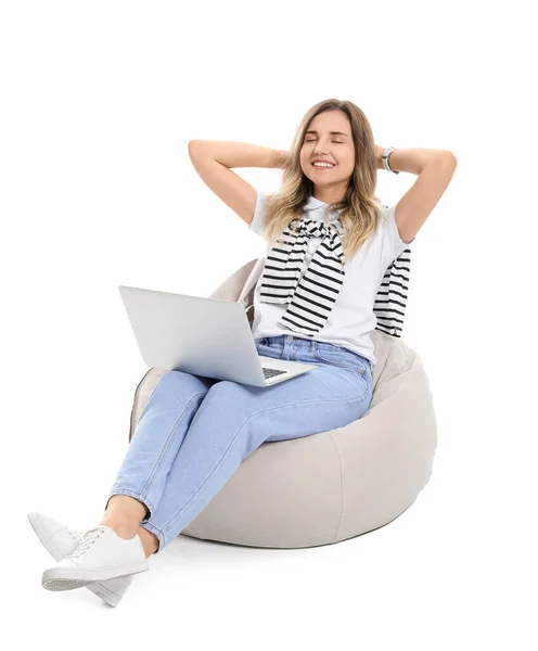 Young Woman Laptop White Background — Stock Photo, Image