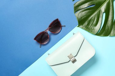 Renkli arka planda şık güneş gözlükleri, çanta ve tropikal yaprak