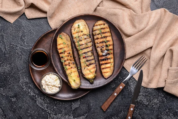 Plates Tasty Grilled Eggplant Dark Background — Stock Photo, Image