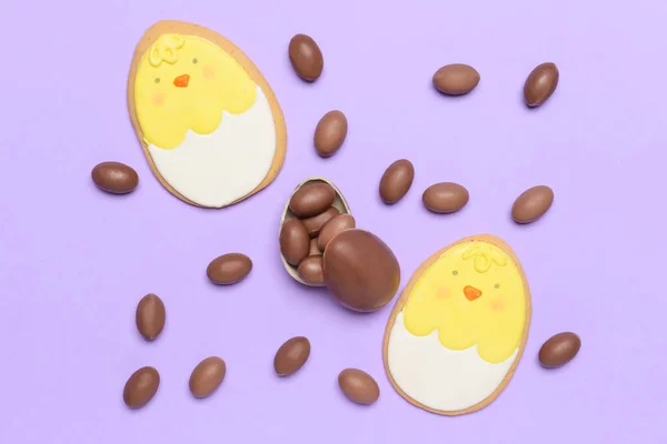 Tasty Chocolate Eggs Easter Cookies Color Background — Stock Photo, Image