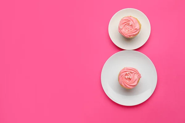 Figure Made Plates Cupcakes Color Background International Women Day Celebration — Stock Photo, Image