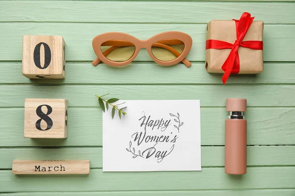 Beautiful Composition Female Accessories Card International Women Day Color Wooden — Stock Photo, Image