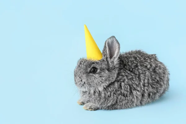 可愛いですふわふわウサギでパーティー帽子上の色背景 — ストック写真