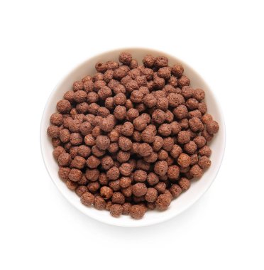 Beyaz arka planda kasede lezzetli kahvaltı gevrekleri