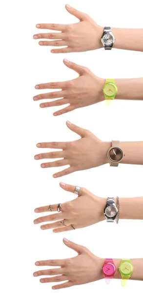 Kobiece Ręce Stylowymi Zegarkami Białym Tle — Zdjęcie stockowe