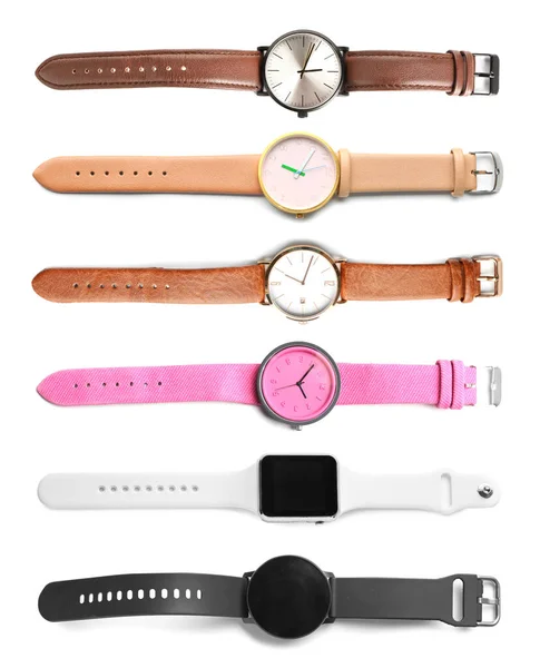 Verschiedene Armbanduhren Auf Weißem Hintergrund — Stockfoto