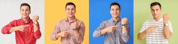 Collage Eines Jungen Mannes Mit Armbanduhren Auf Farbigem Hintergrund — Stockfoto