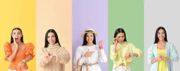 Collage Giovane Donna Con Orologi Polso Sfondo Colori — Foto Stock
