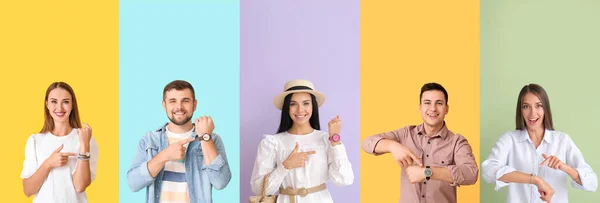 Collage Ungdomar Med Armbandsur Färg Bakgrund — Stockfoto