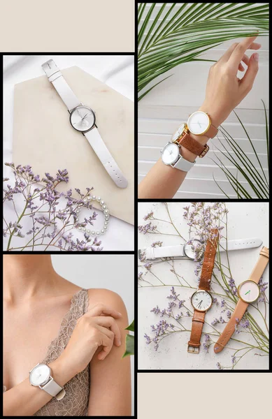 Collage Elegantes Relojes Pulsera Femeninos — Foto de Stock