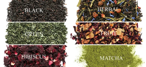 Verschiedene Arten Von Trockenem Tee Auf Weißem Hintergrund — Stockfoto