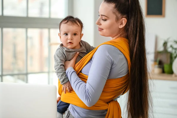 Young Mother Little Baby Sling Home — Stock Photo, Image