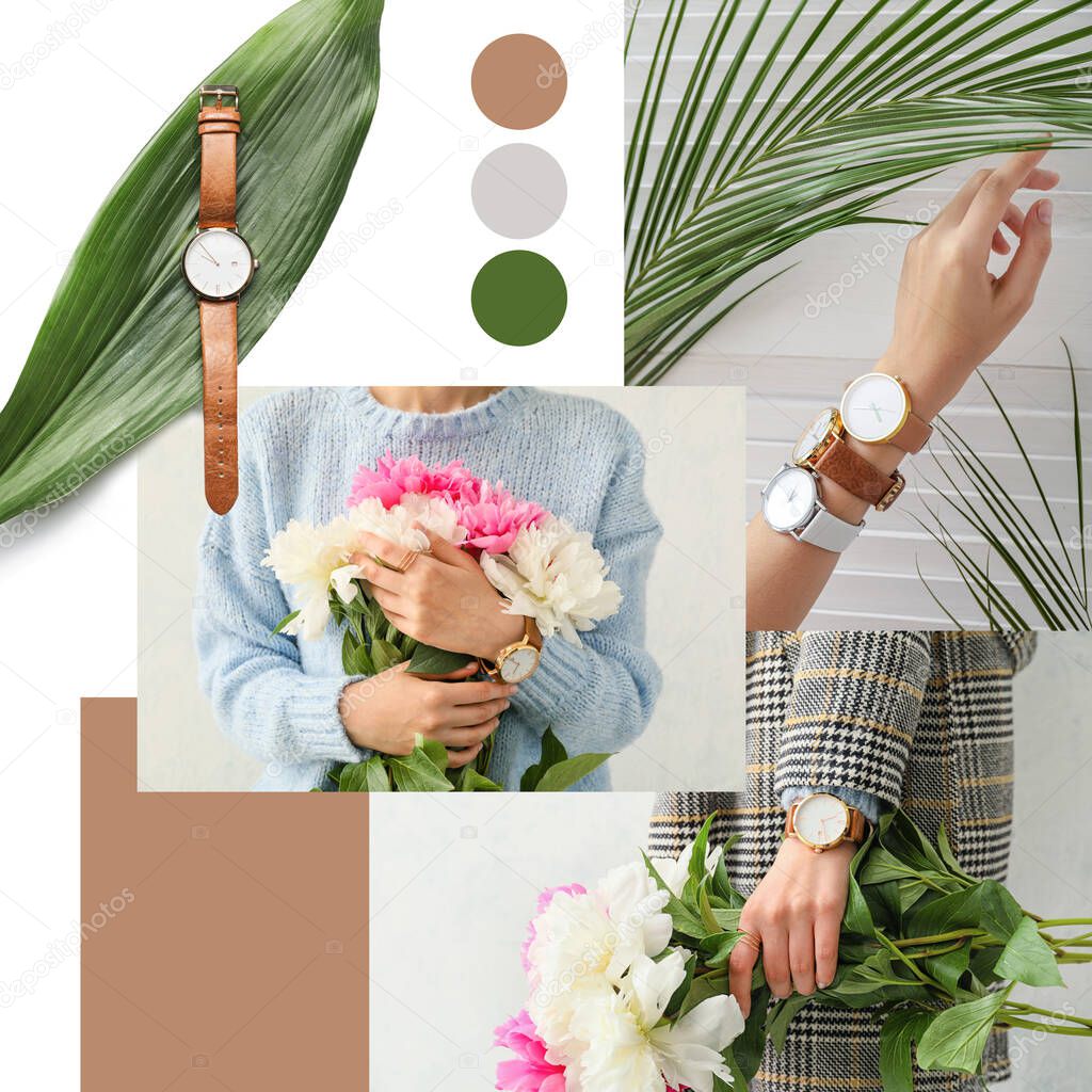 Collage of young woman and stylish wrist watches