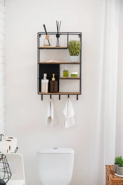 Modern Shelf Body Care Cosmetics Accessories Interior Restroom — Stock Photo, Image