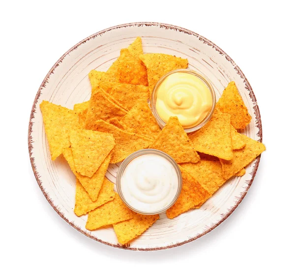 Plate Tasty Nachos Sauces White Background — Stock Photo, Image