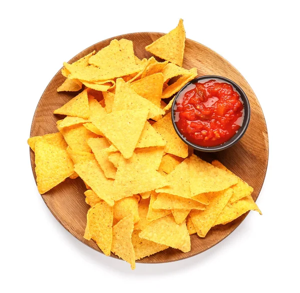 Plato Con Sabrosos Nachos Salsa Sobre Fondo Blanco — Foto de Stock