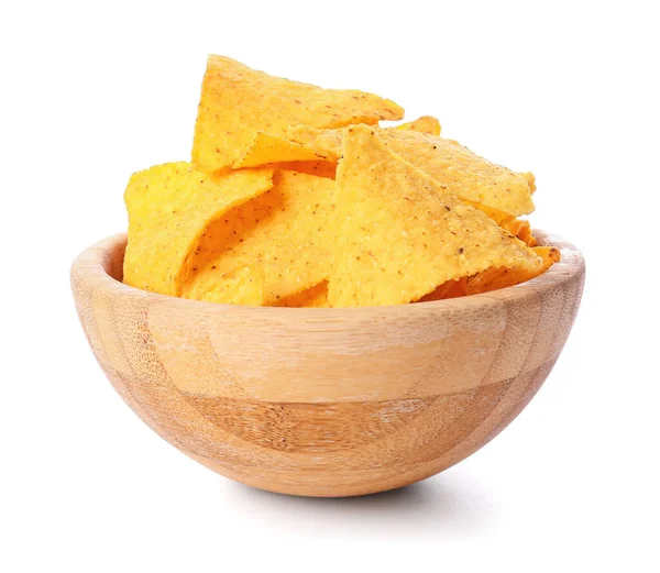 Skål Med Välsmakande Nachos Vit Bakgrund — Stockfoto