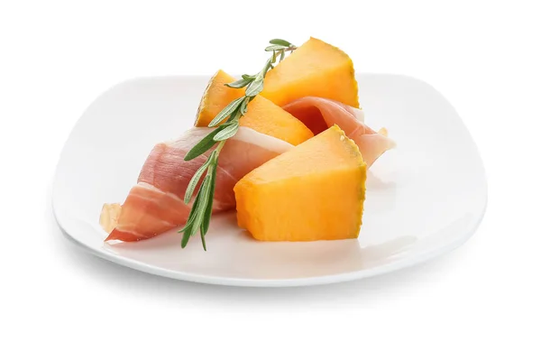 Teller Mit Köstlicher Melone Und Prosciutto Auf Weißem Hintergrund — Stockfoto