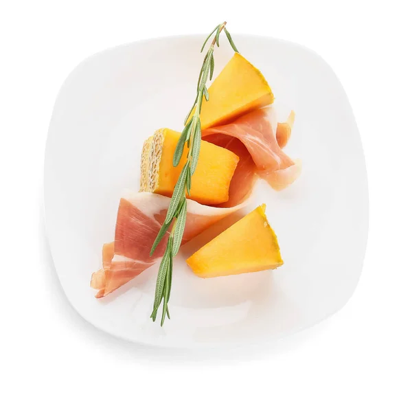 Plaat Met Heerlijke Meloen Prosciutto Witte Achtergrond — Stockfoto