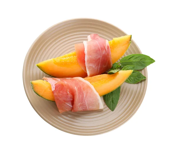 Plaat Met Heerlijke Meloen Prosciutto Witte Achtergrond — Stockfoto