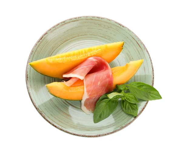 Plate Delicious Melon Prosciutto White Background — Stock Photo, Image