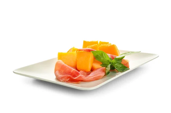 Teller Mit Köstlicher Melone Und Prosciutto Auf Weißem Hintergrund — Stockfoto