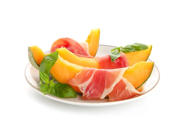 Piatto Con Delizioso Melone Prosciutto Sfondo Bianco — Foto Stock