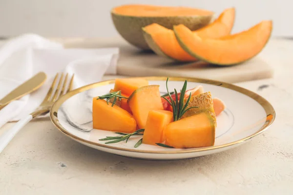 Plate Delicious Melon Prosciutto Light Background — Stock Photo, Image