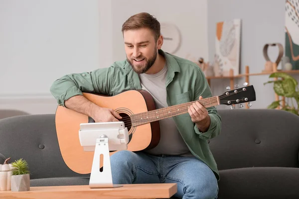 Young Man Taking Music Lessons Online Home — Stock Photo, Image