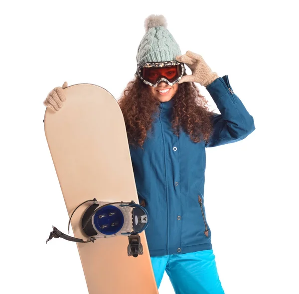 Snowboarder Feminino Fundo Branco — Fotografia de Stock