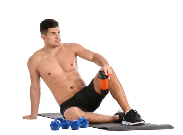 Jeune Homme Sportif Avec Bouteille Eau Sur Fond Blanc — Photo