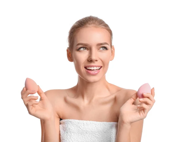 Beautiful Young Woman Makeup Sponges White Background — Stock Photo, Image