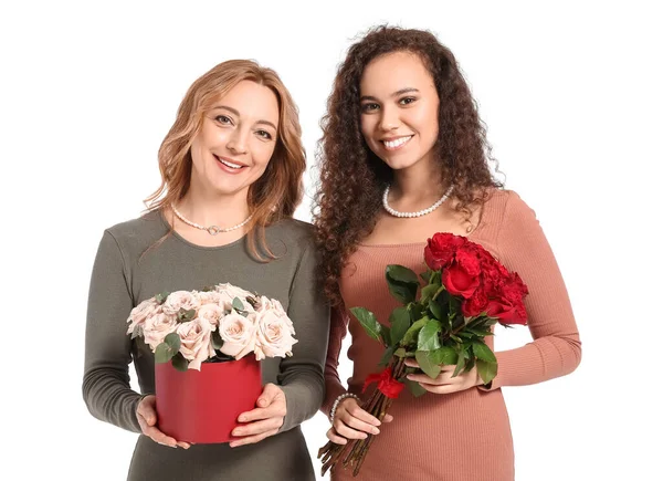 Belles Femmes Avec Des Fleurs Sur Fond Blanc Célébration Journée — Photo