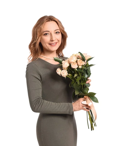 Hermosa Mujer Madura Con Flores Sobre Fondo Blanco Celebración Del — Foto de Stock